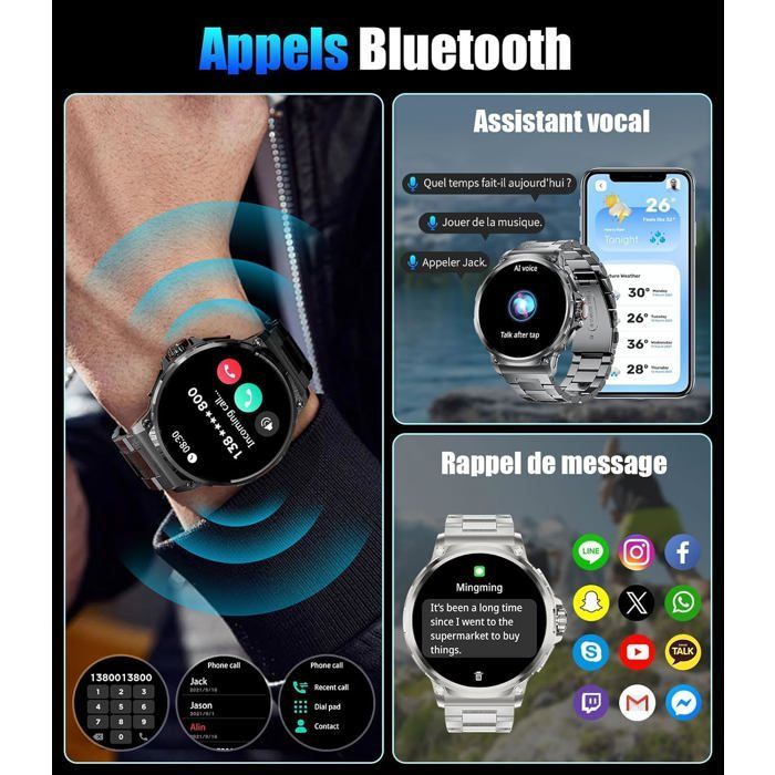 Smartwatch masculino com bateria de 800mAh, mostrador redondo HD de 1,85