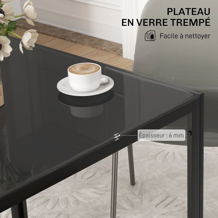 Table à manger - HOMCOM - pour 4 personnes - plateau en verre trempé et pieds en acier - 75 x 75 x 75 cm - noir