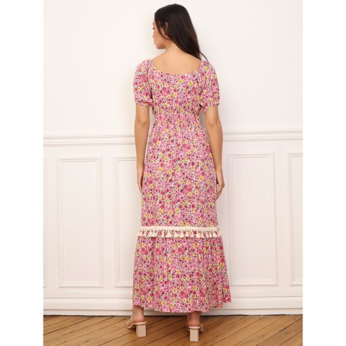 Long dress - Not specified - Floral pattern - Crochet details - Balloon sleeves - Decorative pom-poms