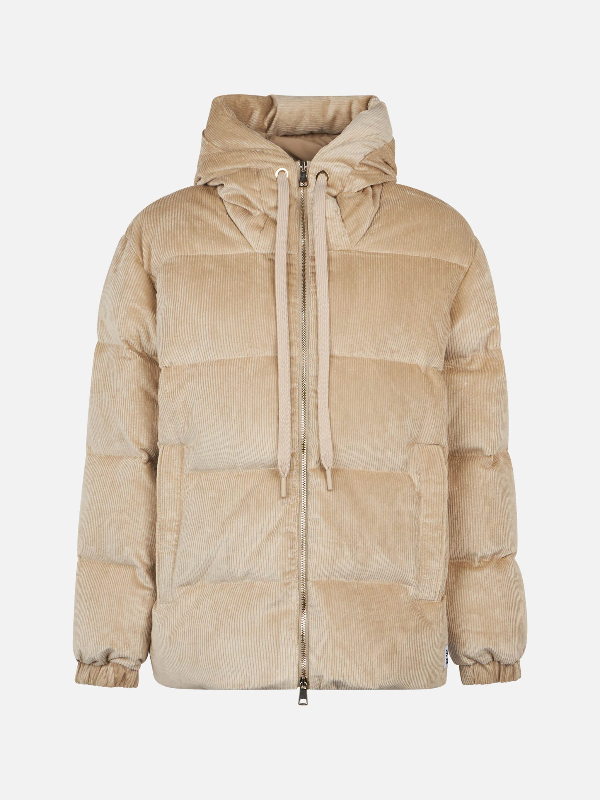 Beige corduroy gewatteerde donsjas voor dames met capuchon