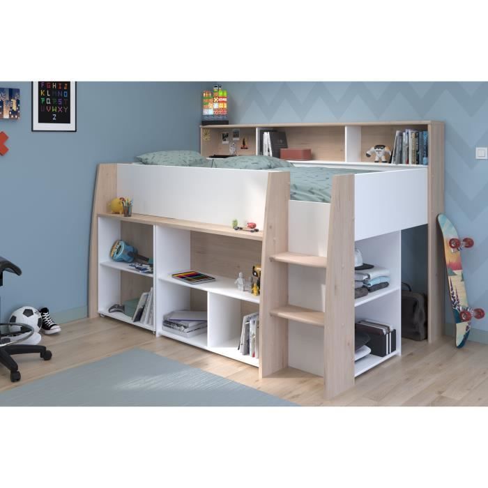 Cama infantil combinada PARISOT con escritorio retráctil - Acabado en blanco y roble - 90 x 200 cm - Base de láminas incluida - THEO