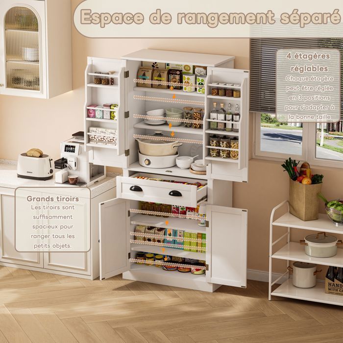 Kitchen Buffet, Tall Kitchen Cabinet, Dining Room, 4 Doors, Drawer, Adjustable Shelves, MDF, White, Rustic, 80x40x182cm