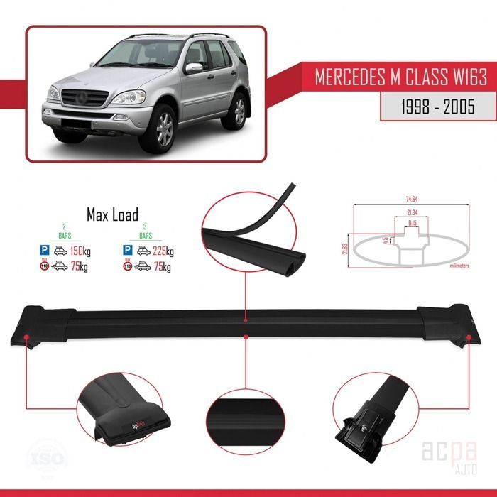 Barras de techo para Mercedes Clase M (W163) 1998-2005, modelo FLY, portaequipajes - Negro
