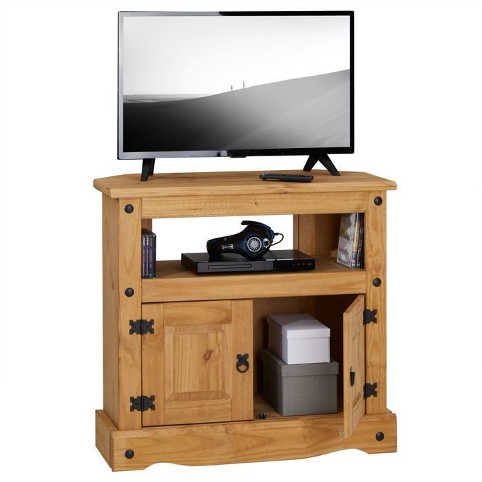 SALSA tv-meubel, 85 cm breed, van massief bruin hout met 2 deuren en een nis, woonkamermeubel in Mexicaanse stijl.