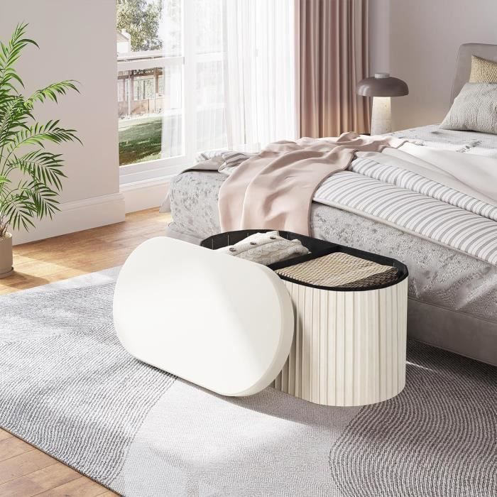 WOLTU Pouf avec Rangement 76L, Tabouret Ovale Pliable avec Couvercle Rembourré, Coffre en Velours, 76x38x38cm, Crème W0ETT0138