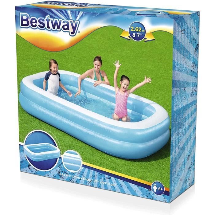 Rechthoekig opblaasbaar zwembad van Bestway, 262 x 175 x 51 cm - Blauw en wit - Voor kinderen - Geschikt voor buiten