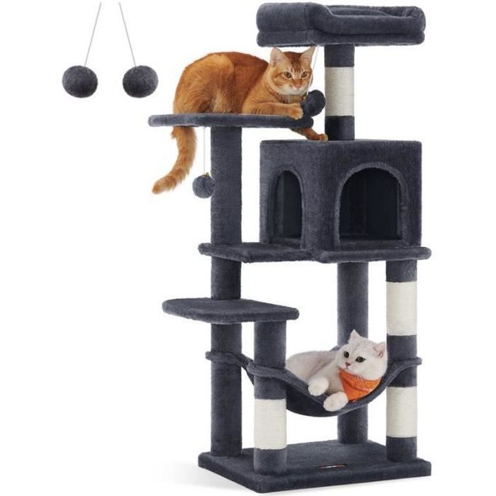 Feandrea Cat Tree, 112 cm High, with 4 Scratching Posts, 2 Platforms, 1 Hideaway, 1 Hammock, 2 Pom-poms, Multi-Level, Grey