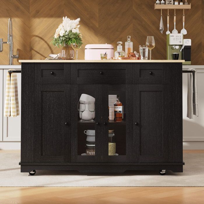 Keukeneiland met verwijderbare planken; serveerwagen en dressoir met werkblad, 151,5 x 60 x 91,7 cm; vitrinekast van gehard glas