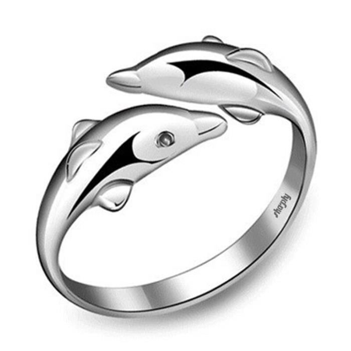 SHARPHY® Women's Ring 925 Sterling Silver Two Dolphins Love Adjustable Ring Silver