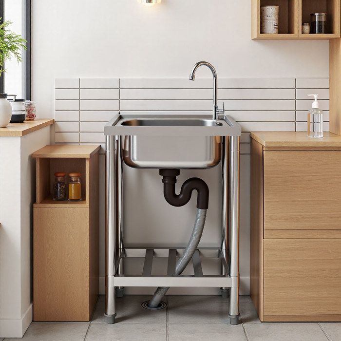 Lavello da cucina con rubinetto, acciaio inox, argento, 50 x 40 x 80 cm, 1 vasca, lavello da cucina multifunzionale, facile da pulire, con bacinella per le mani