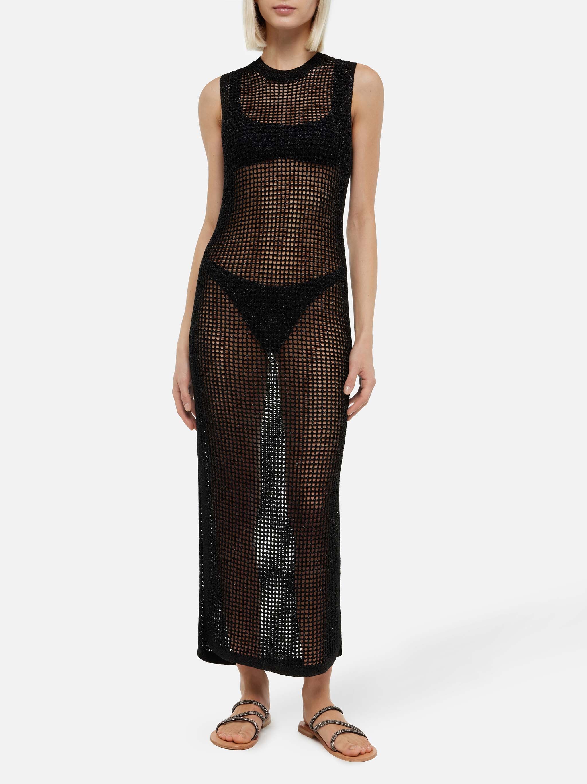 Eileen lange jurk van zwart lurex gehaakt mesh
