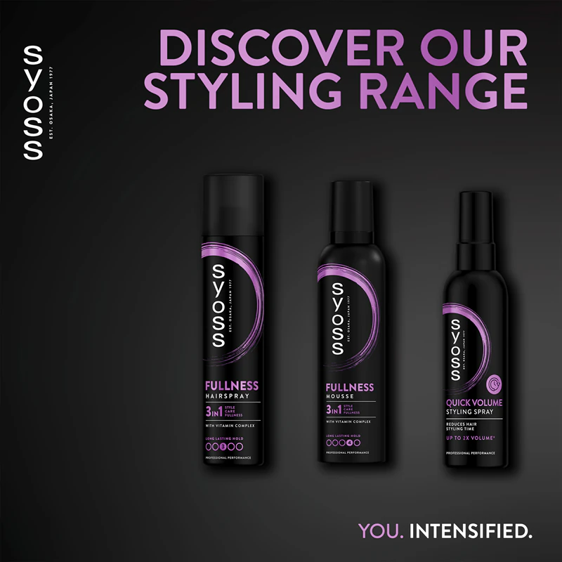 Mousse para cabelo Syoss Fullness com fixação muito forte.