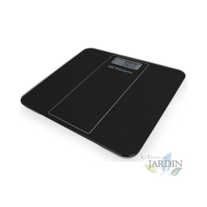Suinga - Electronic bathroom scale. Black tempered glass surface. Maximum capacity: 180kg. Dimensions: 29x28x2cm.