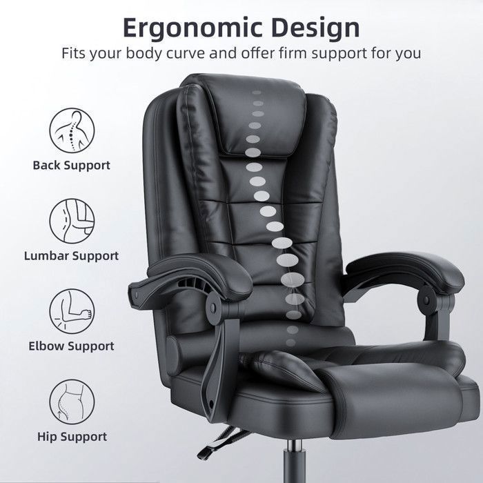 Chaise de bureau BIGZZIA, Fauteuil avec Large Assise rembourrée, Siège Ergonomique en cuir, Hauteur Réglable 10 cm, Noir
