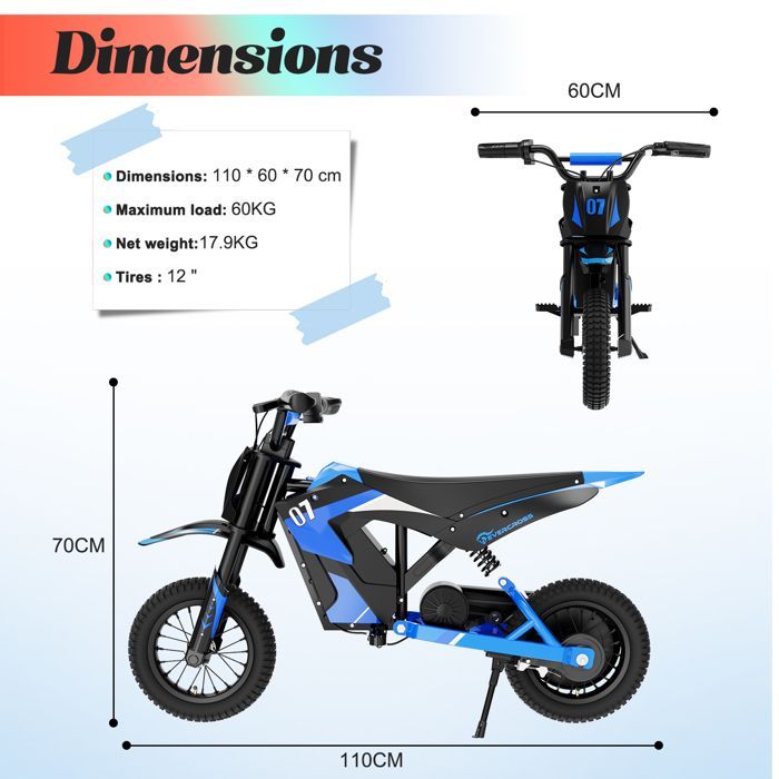 EVERCROSS TECH Blauwe elektrische motorfiets voor kinderen, 350W, 3 versnellingen 8-25 km/u, 12 inch all-terrain banden, actieradius 15 km, geweldig cadeau