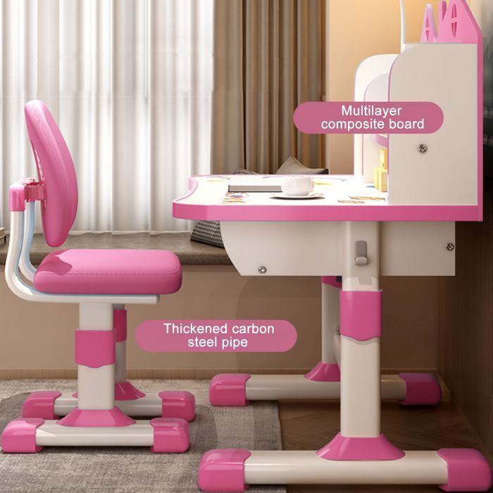 Conjunto de escritorio y silla infantil, regulable en altura, con estante y cajón, color rosa, 105 x 72,5 x 48,5 cm.