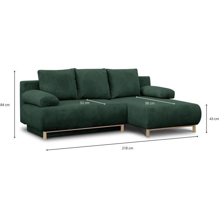 Canapé d'angle droit convertible - 3 places - MIKA - Tissu velours côtelé vert foncé - Coffre de rangement - 192 x 84 x 93 cm