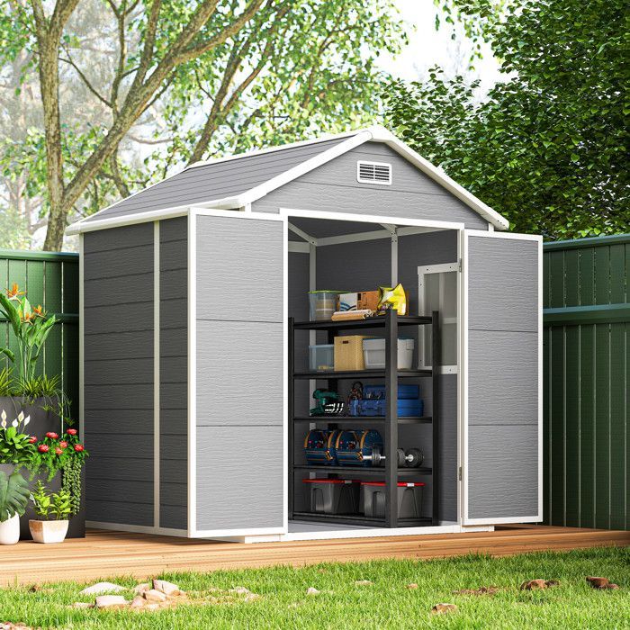 Abri de jardin - Outsunny - résine - avec plancher structure en aluminium - portes à loquet 3 fenêtre - gris