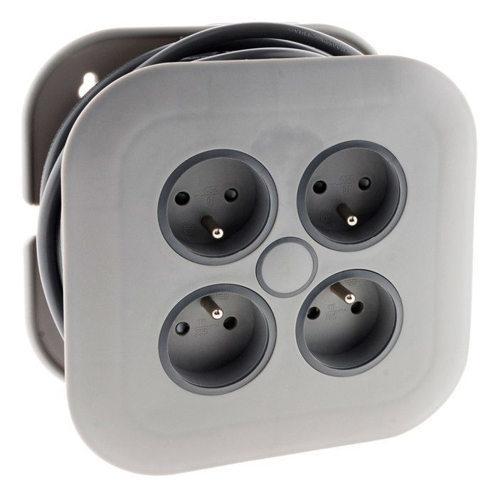 4 x 2P+E 16A carrete de cable doméstico con disyuntor - 7m - Gris - Zenitech