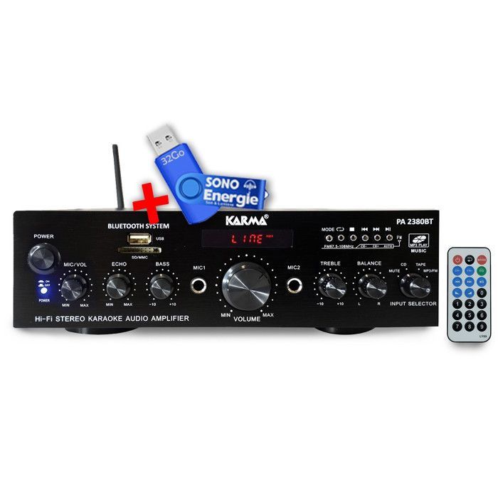 2x 50W stereo hifi-versterker met lcd-scherm - USB, MP3, SD, Bluetooth, FM-radio - 2 microfooningangen - KARMA PA 2380BT + 32GB USB-flashdrive