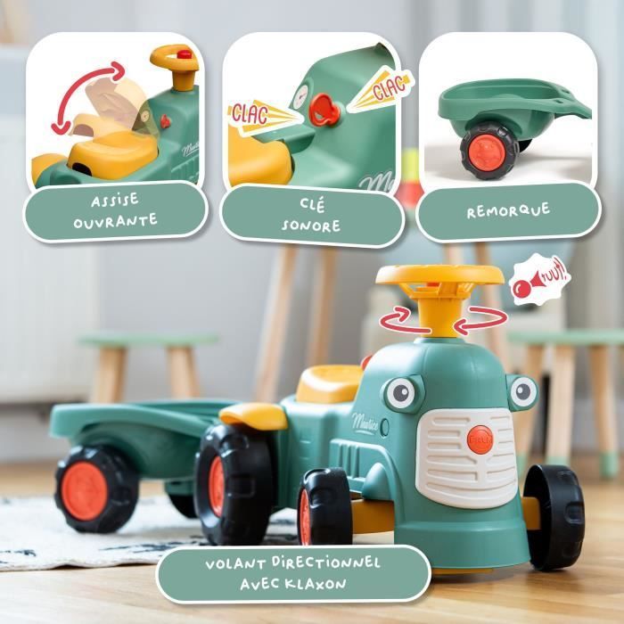 Trattore cavalcabile Maurice - FALK - Volante e rimorchio - 100% Made in France - 90% plastica riciclata - Età 12 mesi+
