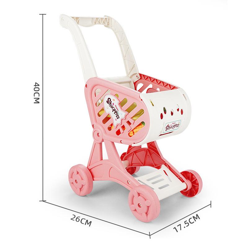 Carrinho de compras infantil com simulação de frutas e legumes para brincar de casinha, ideal para meninos e meninas.