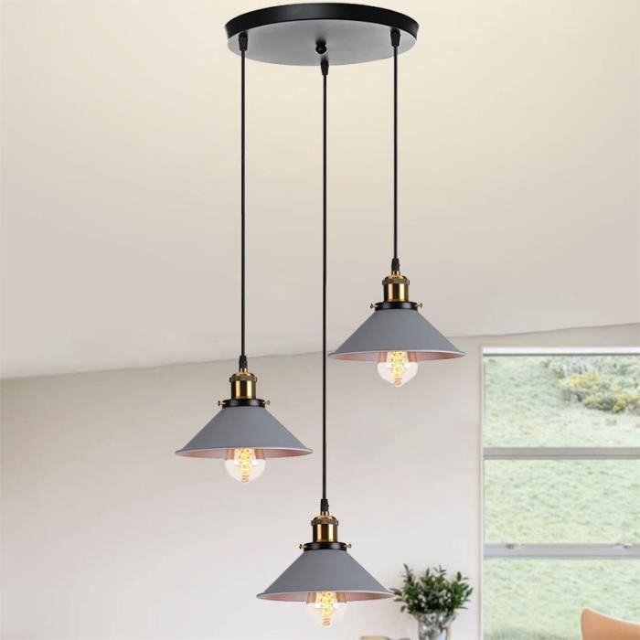U-Do Retro 3-Light Pendant Light, Grey Iron Cage Chandelier, Black Disc Lamp, E27 Socket, 22cm, Dining Room and Kitchen Decoration