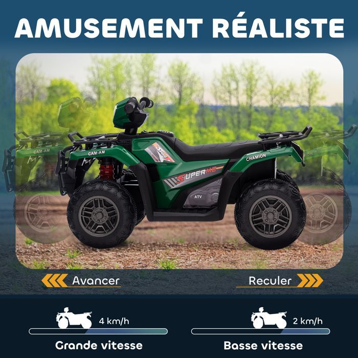 Quad eléctrico infantil - HOMCOM - 12V - doble motor, velocidad 2-4 km/h, faros y música - PP y acero - 88x45x50cm - verde