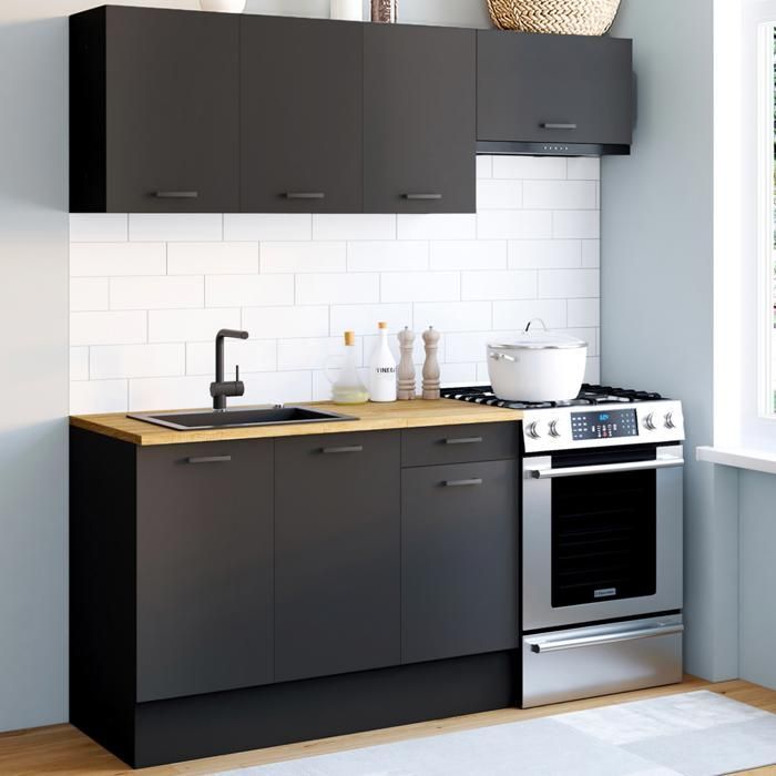 Cocina completa IDMARKET SUBTIL de 180 cm con encimera negra de 5 pulgadas y estantes de madera.