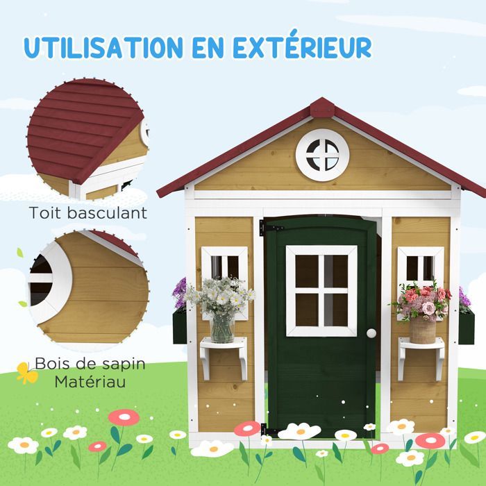 Cabane enfant extérieur maison enfant extérieure avec porte fenêtres et jardinières 114 x 126,4 x 135 cm beige