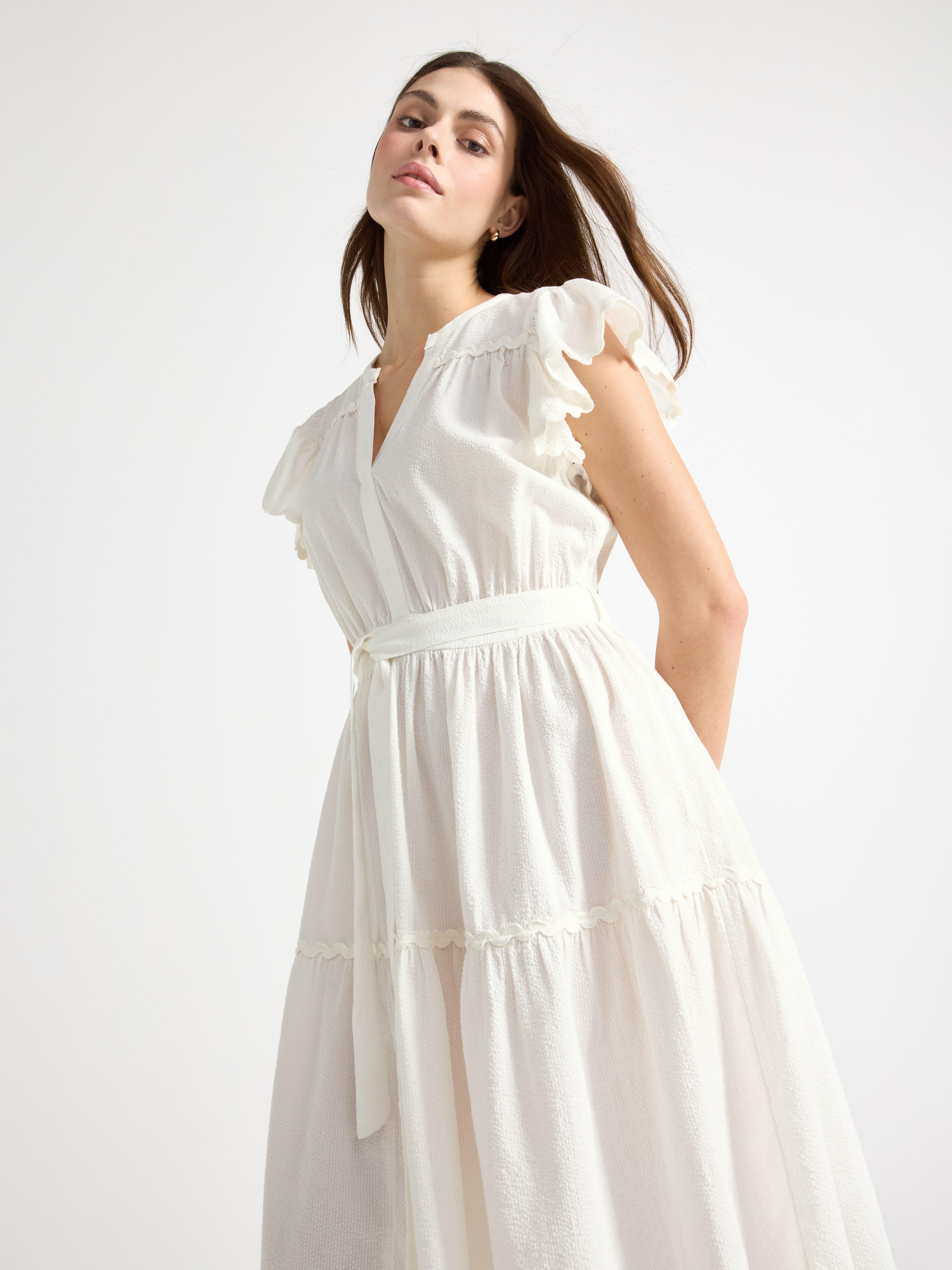 Midikjole med rysjer Off White