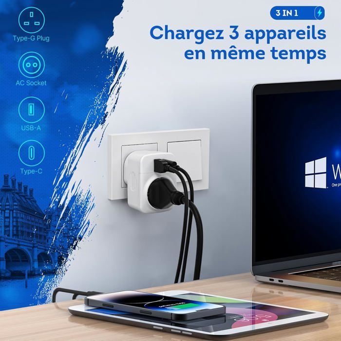 UK-Steckeradapter – UK-Stecker auf französischen Stecker mit 1 USB- und 1 Typ-C-Anschluss, Typ-G-Adapter für Irland und Großbritannien