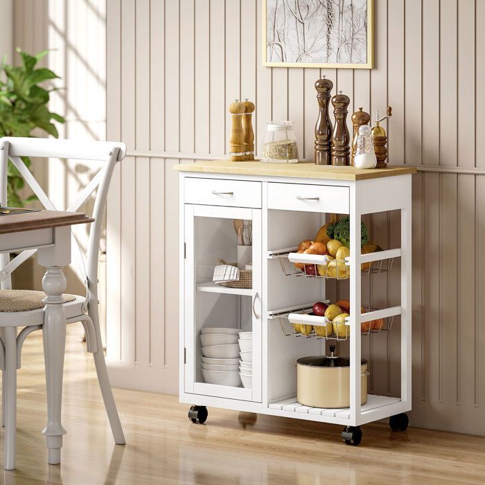 Küchenwagen – HOMCOM – auf Rollen – Bambusplatte, Glastür, 2 Körbe und 2 Schubladen – MDF – 67 x 35 x 80 cm – weiß
