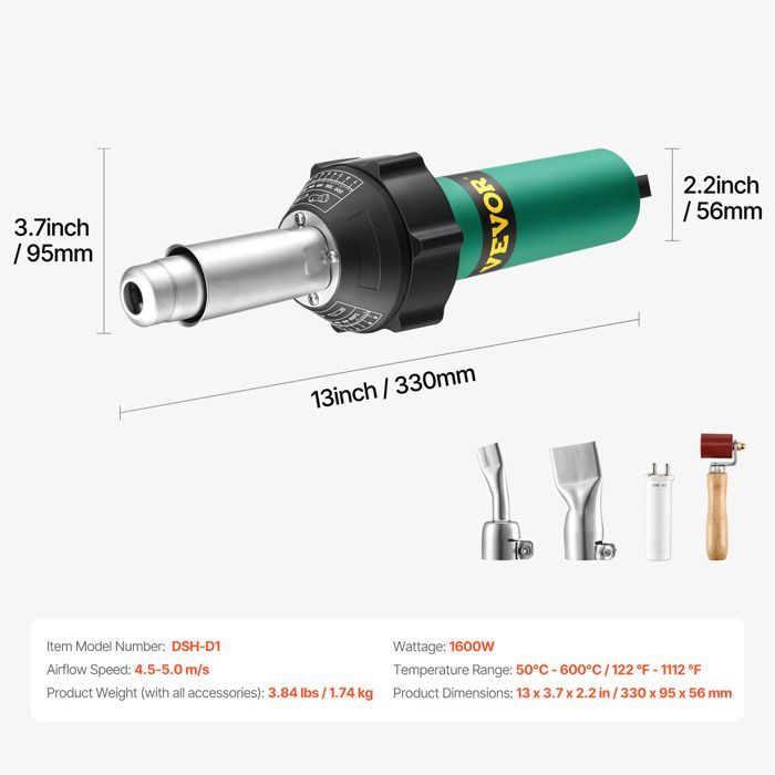Soldadora de plástico por aire caliente VEVOR de 1600 W - Pistola de calor para PVC de 50 °C a 600 °C - con boquillas de 20 mm y 40 mm, núcleo calefactor