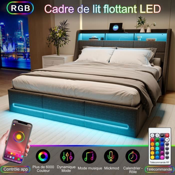 Letto 140x190 cm - PERGAR - Letto imbottito - Contenitore integrato - LED - USB