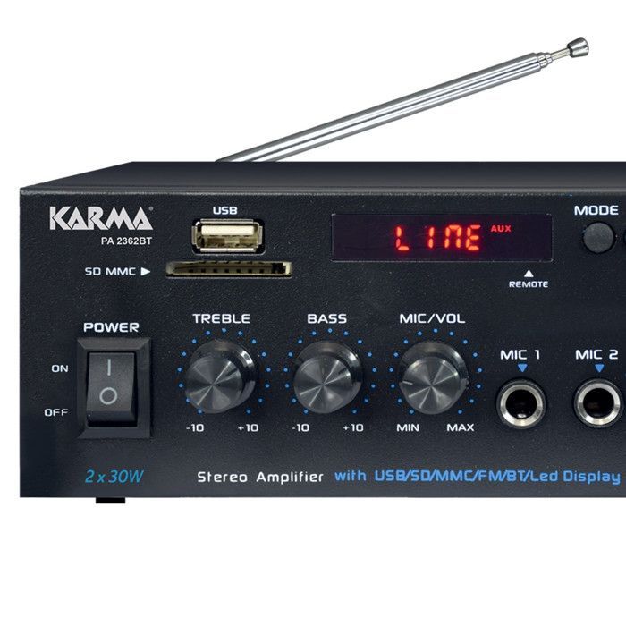 Amplificatore stereo HiFi Karma PA-2362BT, 2x 30W, USB, SD, Bluetooth, radio FM, telecomando, 2 ingressi microfono