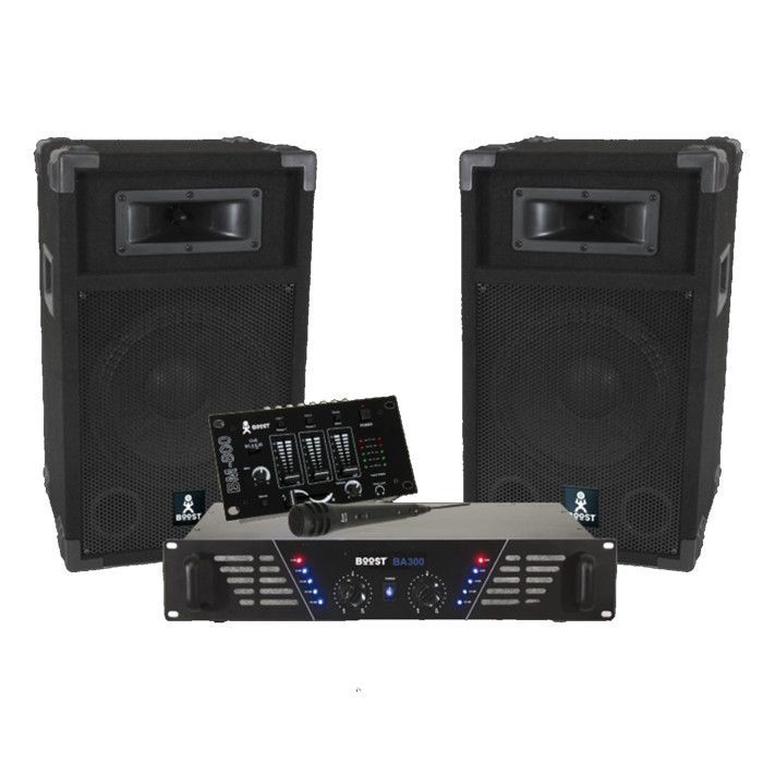 BOOST DJ-300 PA-systeempakket met luidsprekers, mixer, 480W versterker + PARTY-TRIFX 3-delige LED-lichtset