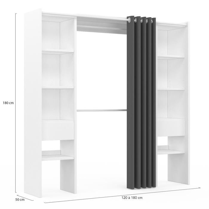 IDMARKET Dressing extensible double MERYL 120/180 x 50 x 180 cm blanc avec étagères + double penderie + rideau gris