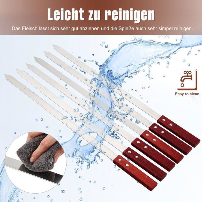 Juego de 10 brochetas planas de acero inoxidable con mangos de madera de Adana Kebab, 60 cm, accesorios para barbacoa y asador.