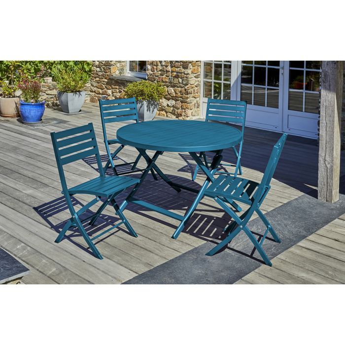 Ensemble repas MARIUS 110 cm 4 places en aluminium bleu canard