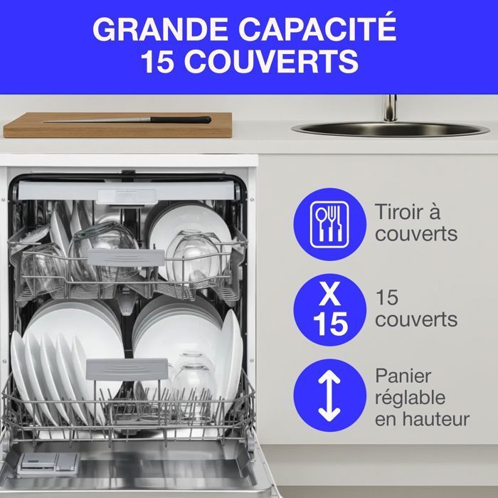 Lavastoviglie a libera installazione Continental Edison - 15 coperti - Larghezza 59,8 cm - Classe energetica D - Motore a induzione - 39 dB - Bianca