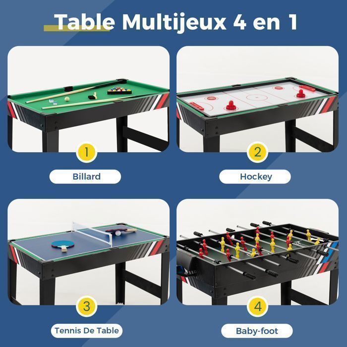 COSTWAY 4-in-1 Multifunktionstisch – Kindertischfußball, Tischtennis, Billard, Airhockey – 125 x 97 x 83 cm – Holz – Komplettes Zubehör – Ab 3 Jahren – Schwarz