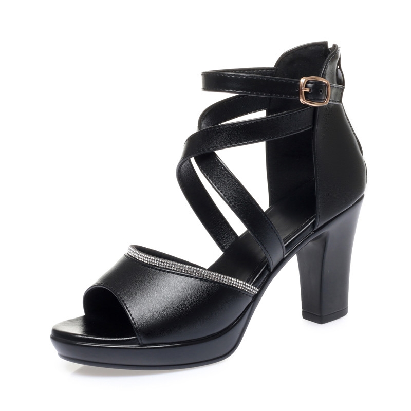 Women Sandals High Heels New Genuine Leather Sandals Women Rome Summer Fish Mouth Thick Heel High Heels Ladies