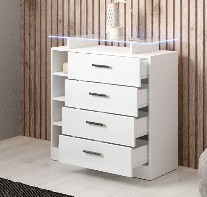 Hallway unit with 4 drawers | Glossy white | Glass shelf and LED light | W 80 x D 35 x H 87.5 cm | Model Paola 4C
