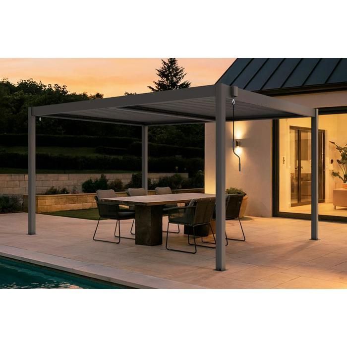 Pergola bioclimatique autoportante PIANA Cazeboo aluminium 4x3 m taupe lames orientables acier