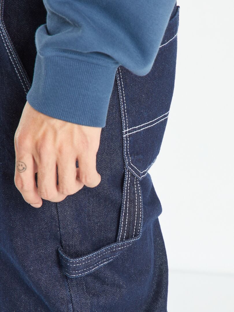 Calça jeans de perna larga com costura contrastante - AZUL