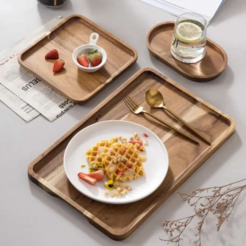 Plateau en bois d'acacia, plateau à café rectangulaire, assiette à fruits, plateaux de rangement pour aliments, desserts, bonbons, plateau à thé Gongfu, accessoires de cuisine