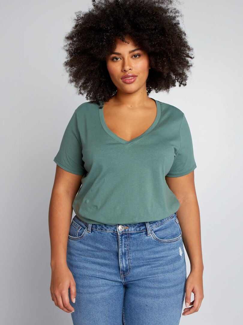 Camiseta de punto con cuello en V - VERDE
