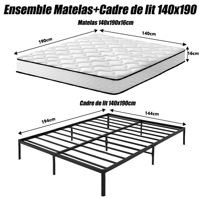 Ensemble Matelas et Sommier 140x190,Lit 140x190 avec Sommier et Matelas,Matelas 140x190x16cm
