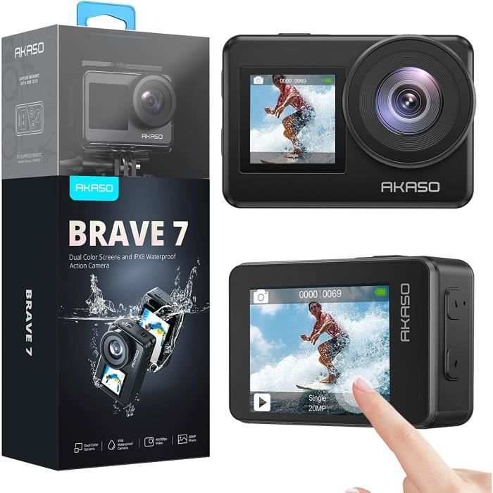 Câmera esportiva AKASO Brave 7 WiFi 4K30FPS 20MP com tela sensível ao toque, à prova d'água IPX8, alcance de 10 metros, estabilização eletrônica de imagem (EIS) 2.0, microfone externo e 2 baterias de 1350mAh.